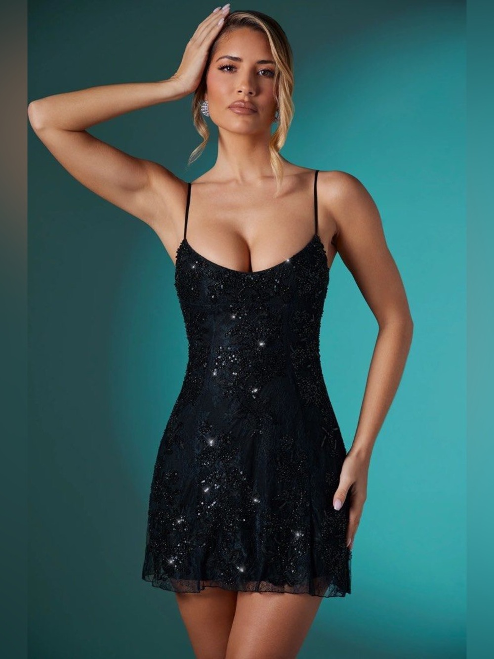 Oh Polly LALITA Embellished Lace Mini Dress in Black - Picture 3 of 5